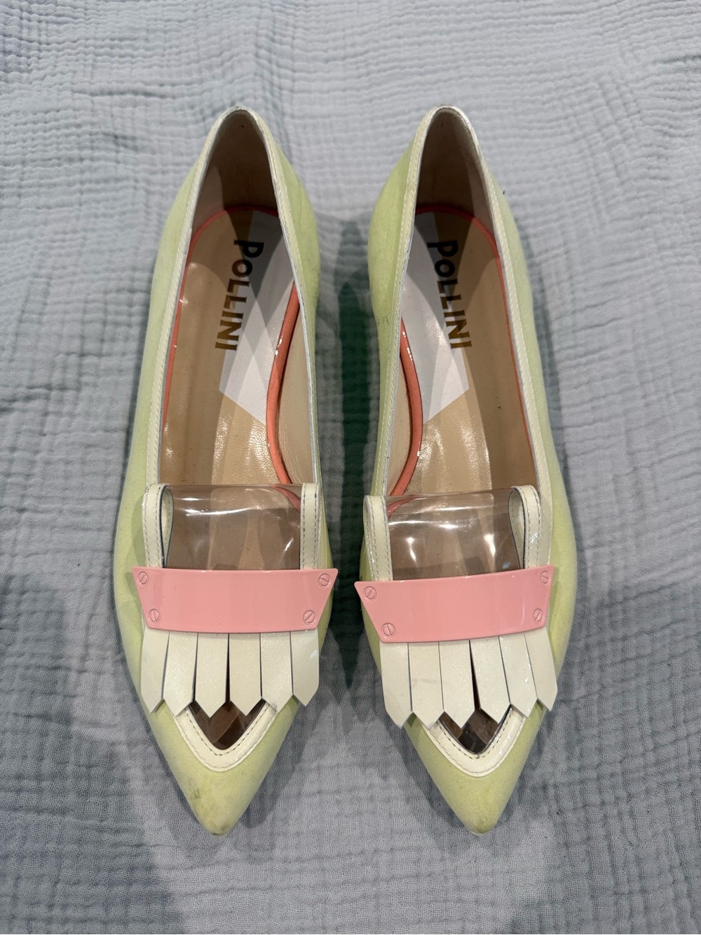 Pollini Pale Yellow Pointed Loafers with Pink Accent